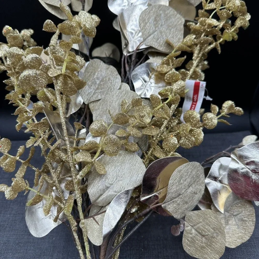 Gold Glitter Christmas Tree Picks Leafs Long Stems Floral Lot of 4 Crafts Decor